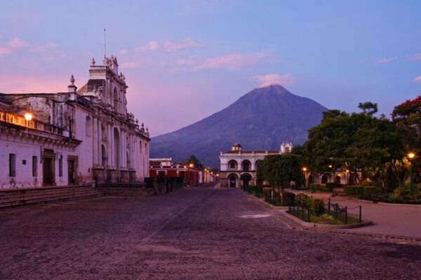 Antigua, Guatemala,Guatemala,Catedral de San Jose and Volcan Agua in Background at Dawn