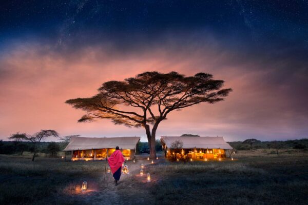 Camping Safari - TravelLife - Tansania Safaris - Tanzania Serengeti Under Canvas SUC Guest Area camp exterior with lantern walkway and Maasai