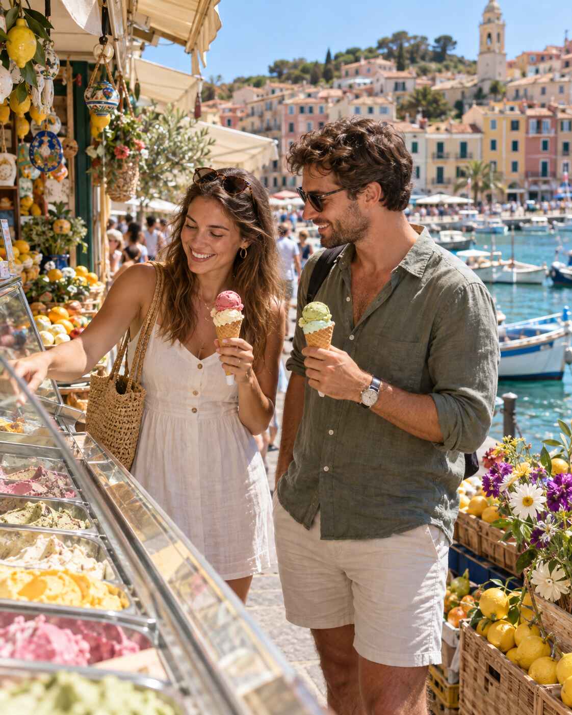 Ostern 2027 clever nutzen: Junges Paar mit Glace in einem mediterranen Hafenort